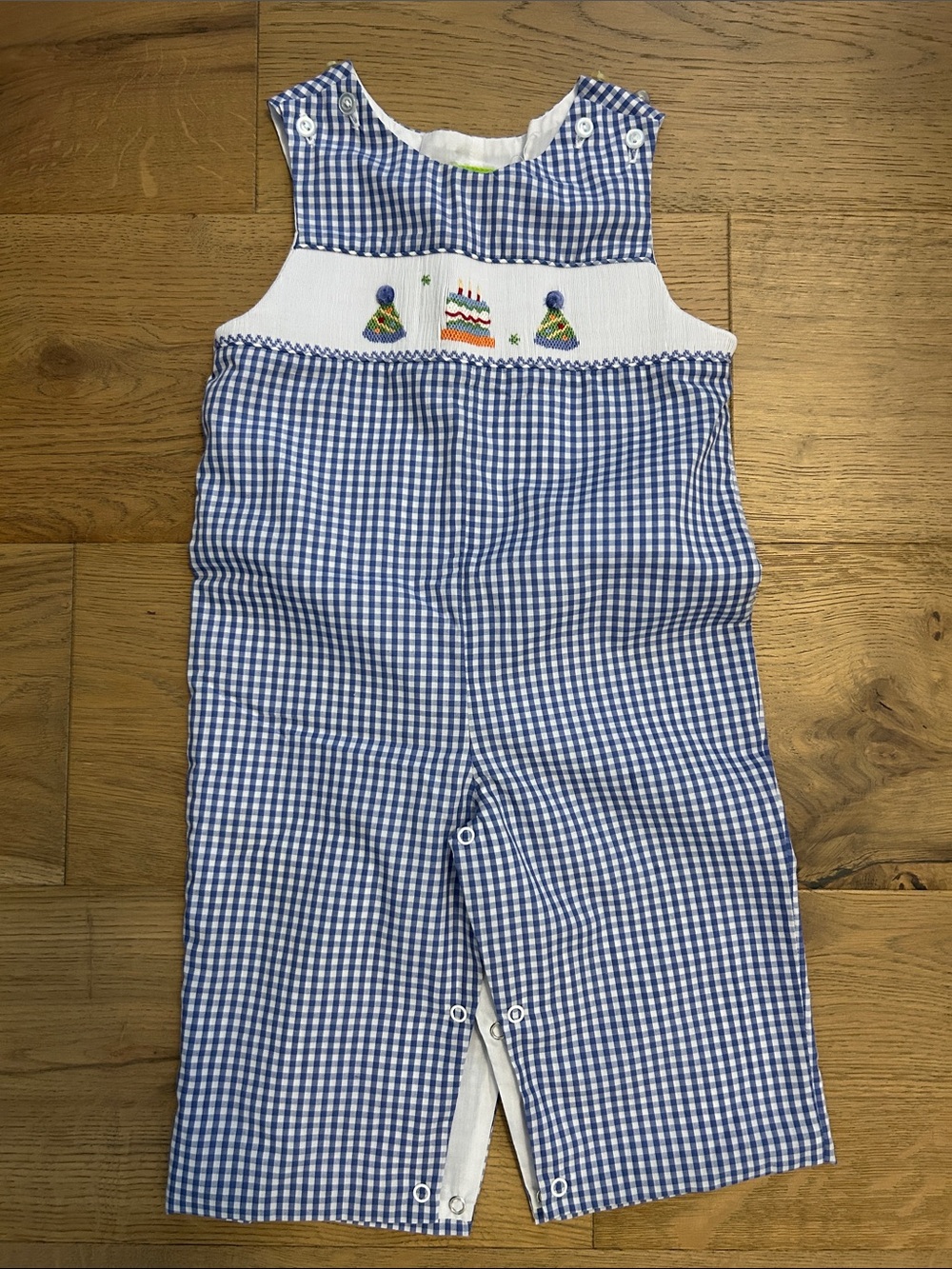 Classic Whimsy 12m Blue Gingham Smocked Birthday Romper longalls